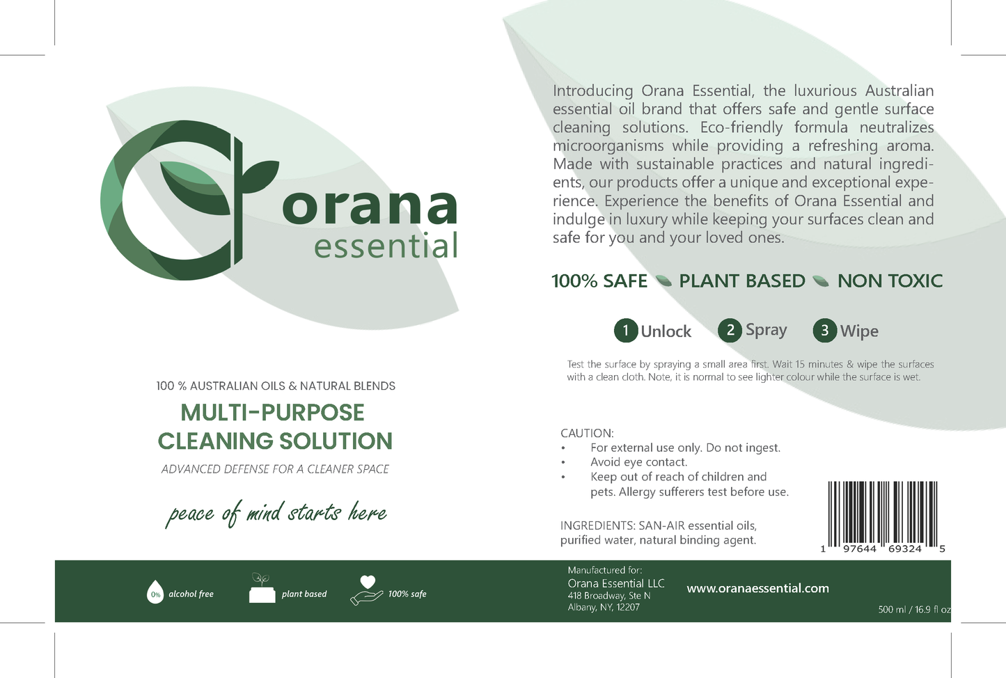 Picture of the multi-purpose cleaning solution, green product, eco friendly, chemical free. This is the complete label of the product.