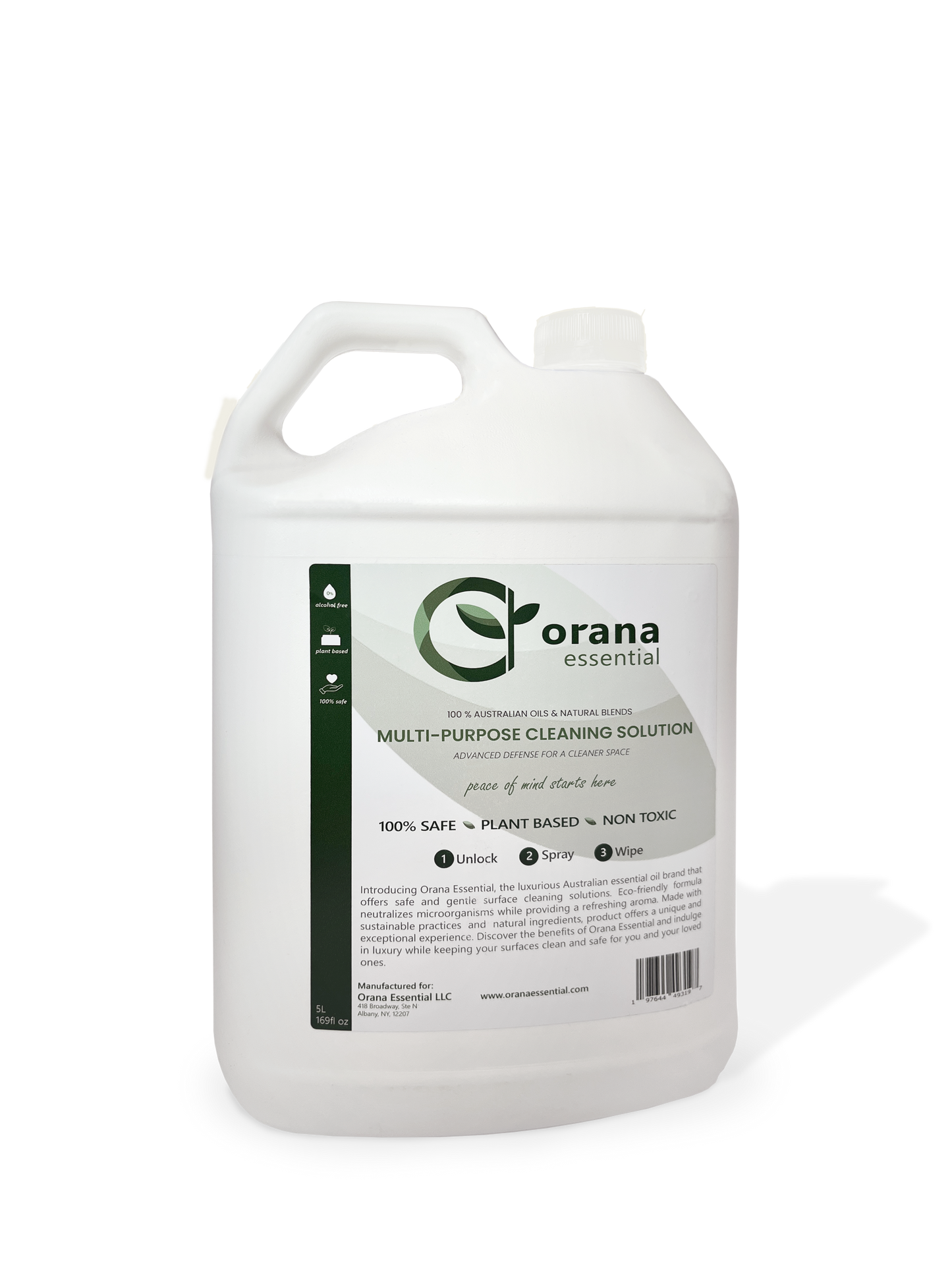Picture of the 5 liter or 169 fl oz multi-purpose cleaning solution, green product, eco friendly, chemical free. This is the front of the bottle