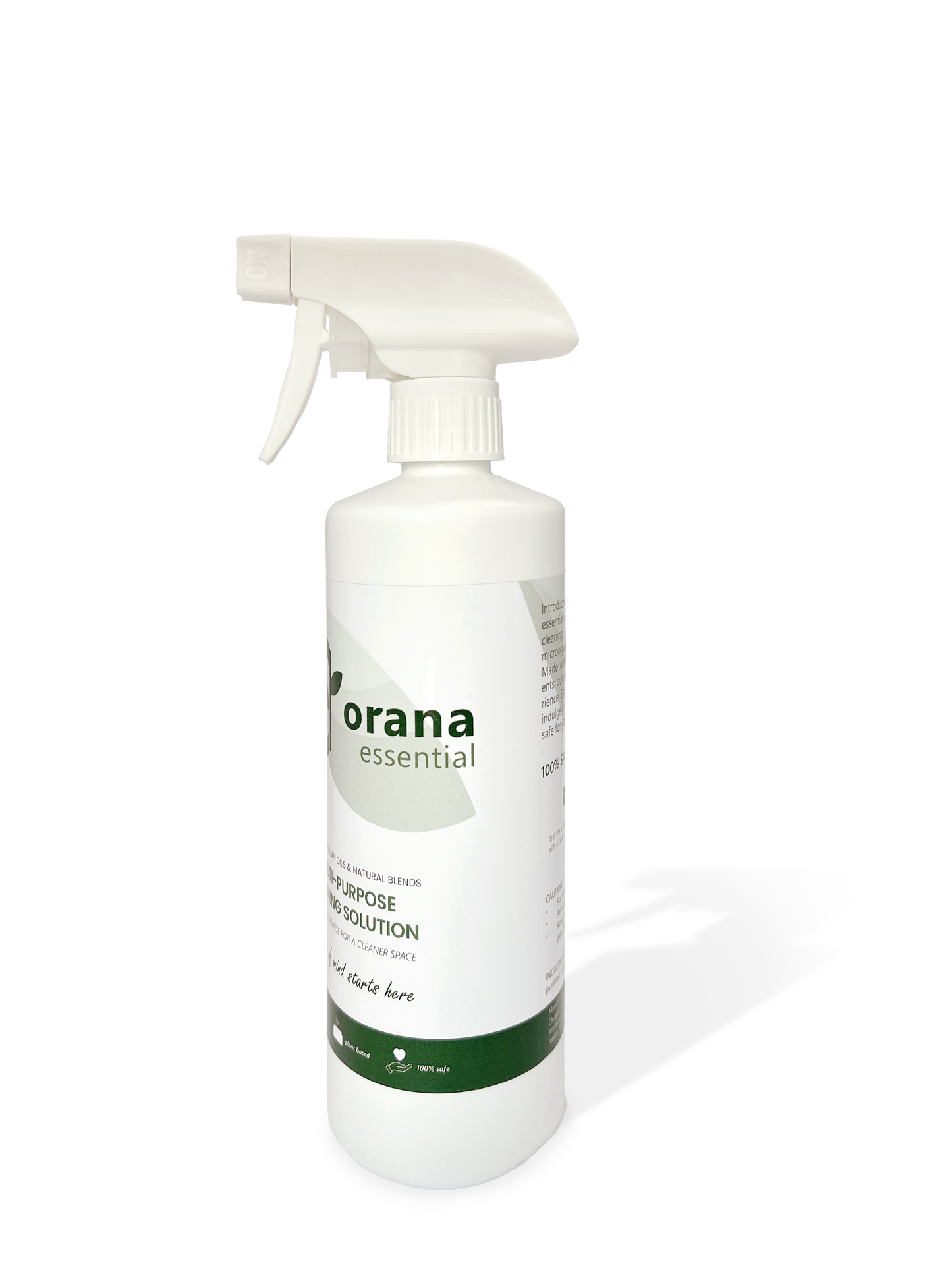 Picture of the multi-purpose cleaning solution, green product, eco friendly, chemical free. This is the side of the bottle