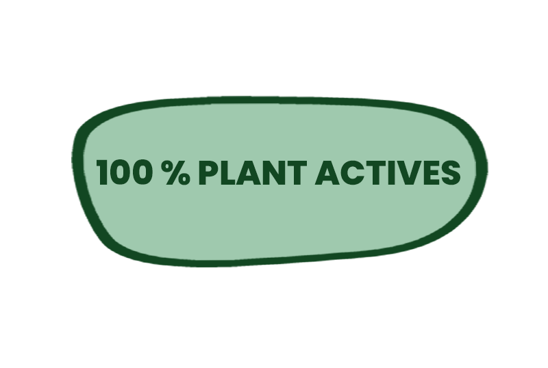 green bubble with a text inside, the text reads "100% plant actives"