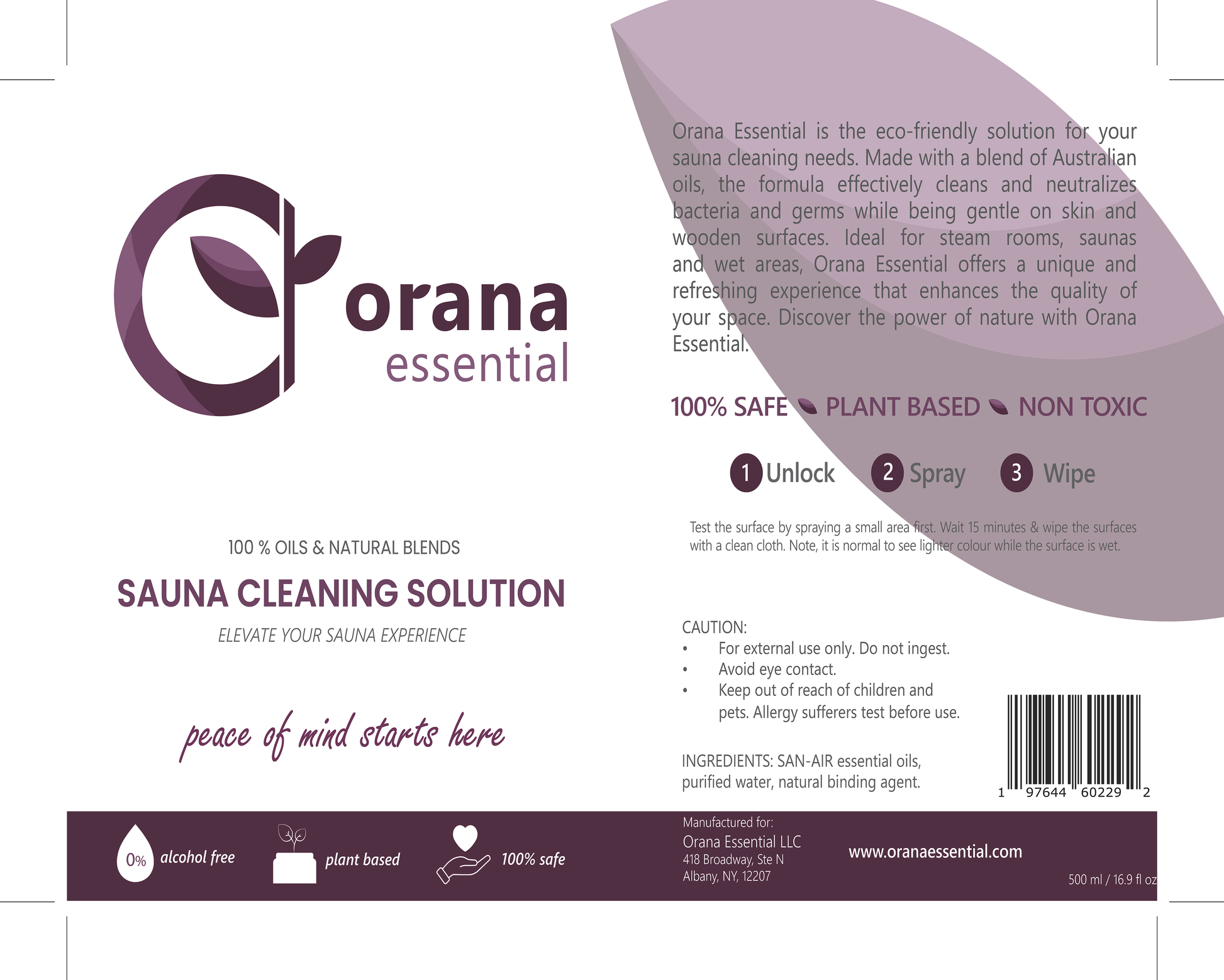 Picture of the Sauna cleaning solution, green product, eco friendly, chemical free. Best for wood cleaning. This is the label