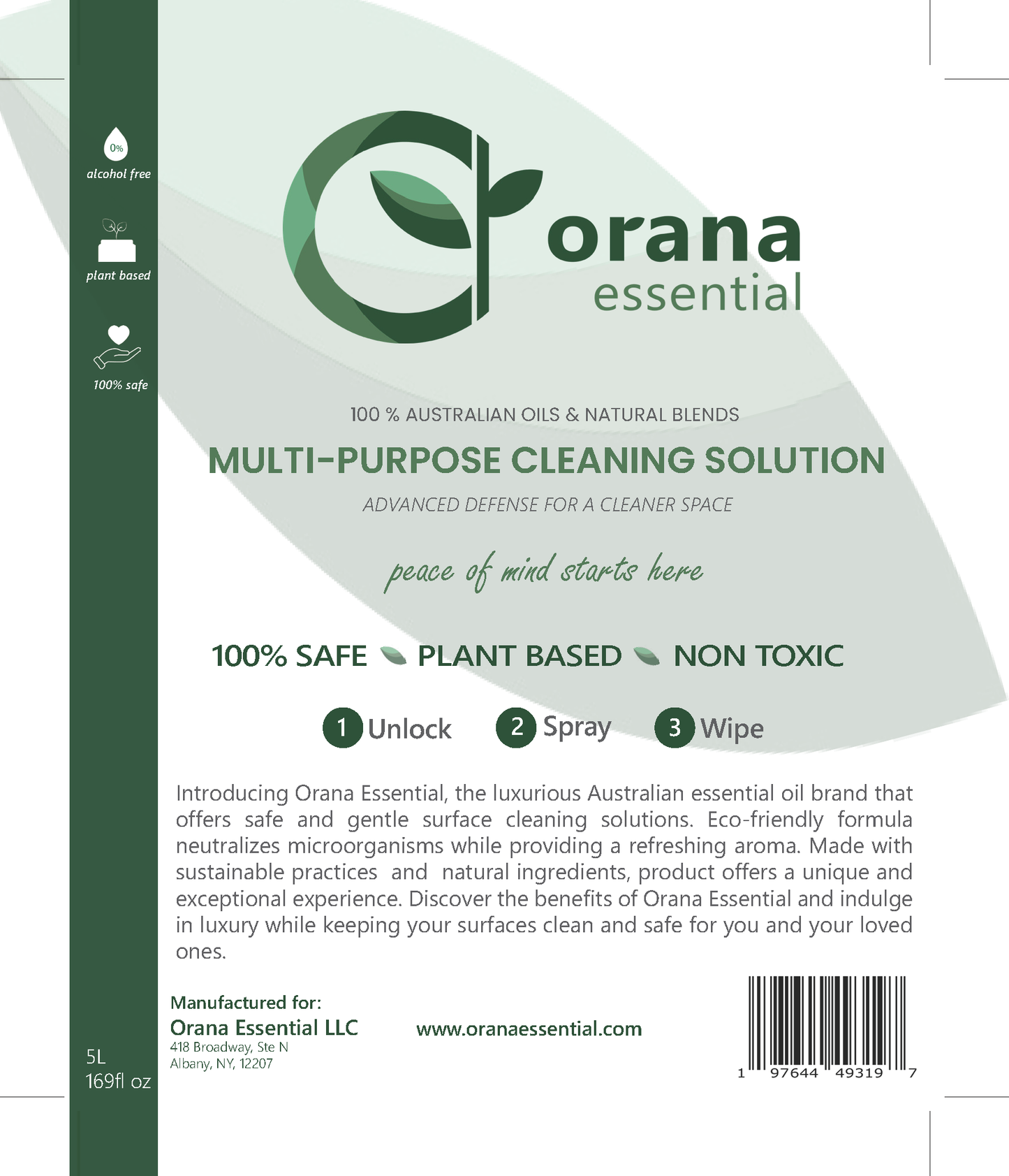 Label of the 5 liter or 169 fl oz multi-purpose cleaning solution, green product, eco friendly, chemical free.