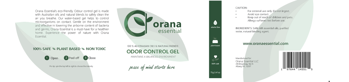 label picture of the Orana Gel for odor control and mold mildew remediation