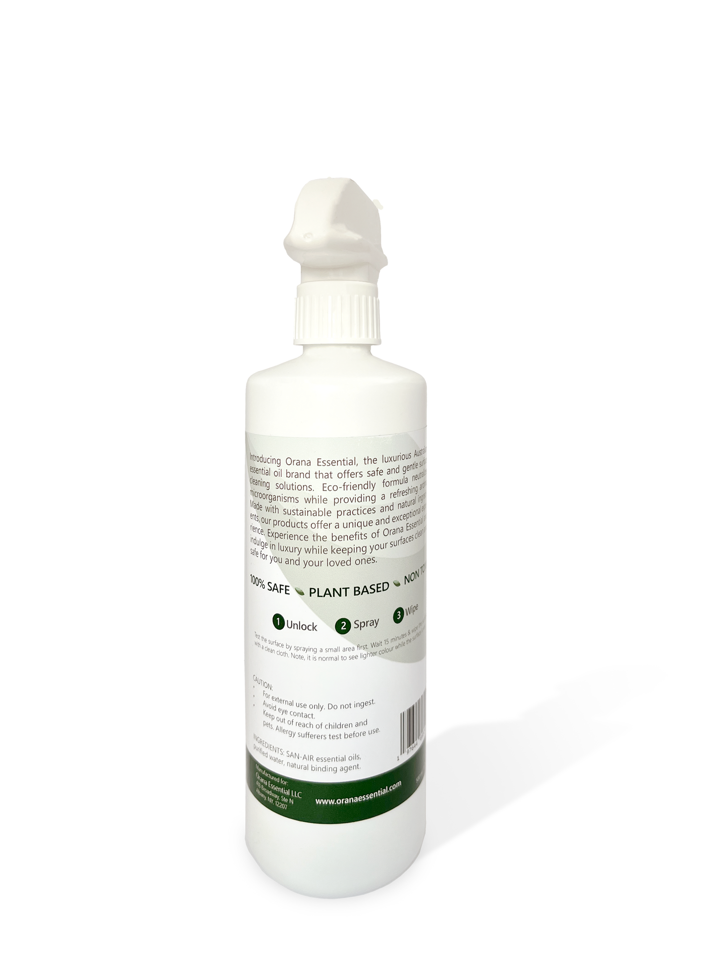 Picture of the multi-purpose cleaning solution, green product, eco friendly, chemical free. This is the back of the bottle