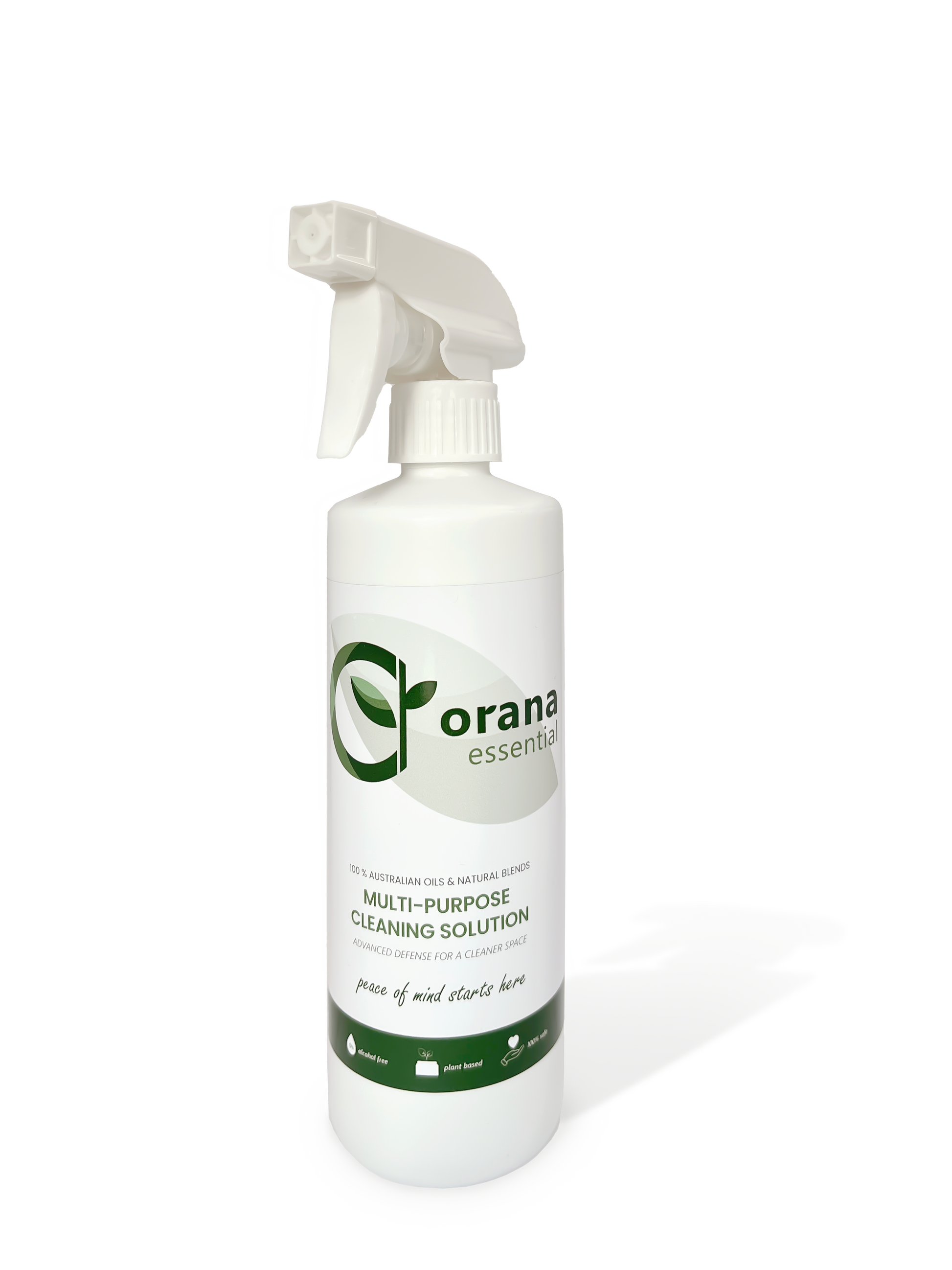 Picture of the multi-purpose cleaning solution, green product, eco friendly, chemical free. This is the front of the bottle