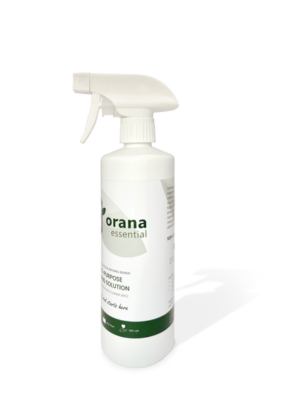 Picture of the multi-purpose cleaning solution, green product, eco friendly, chemical free. This is the side of the bottle