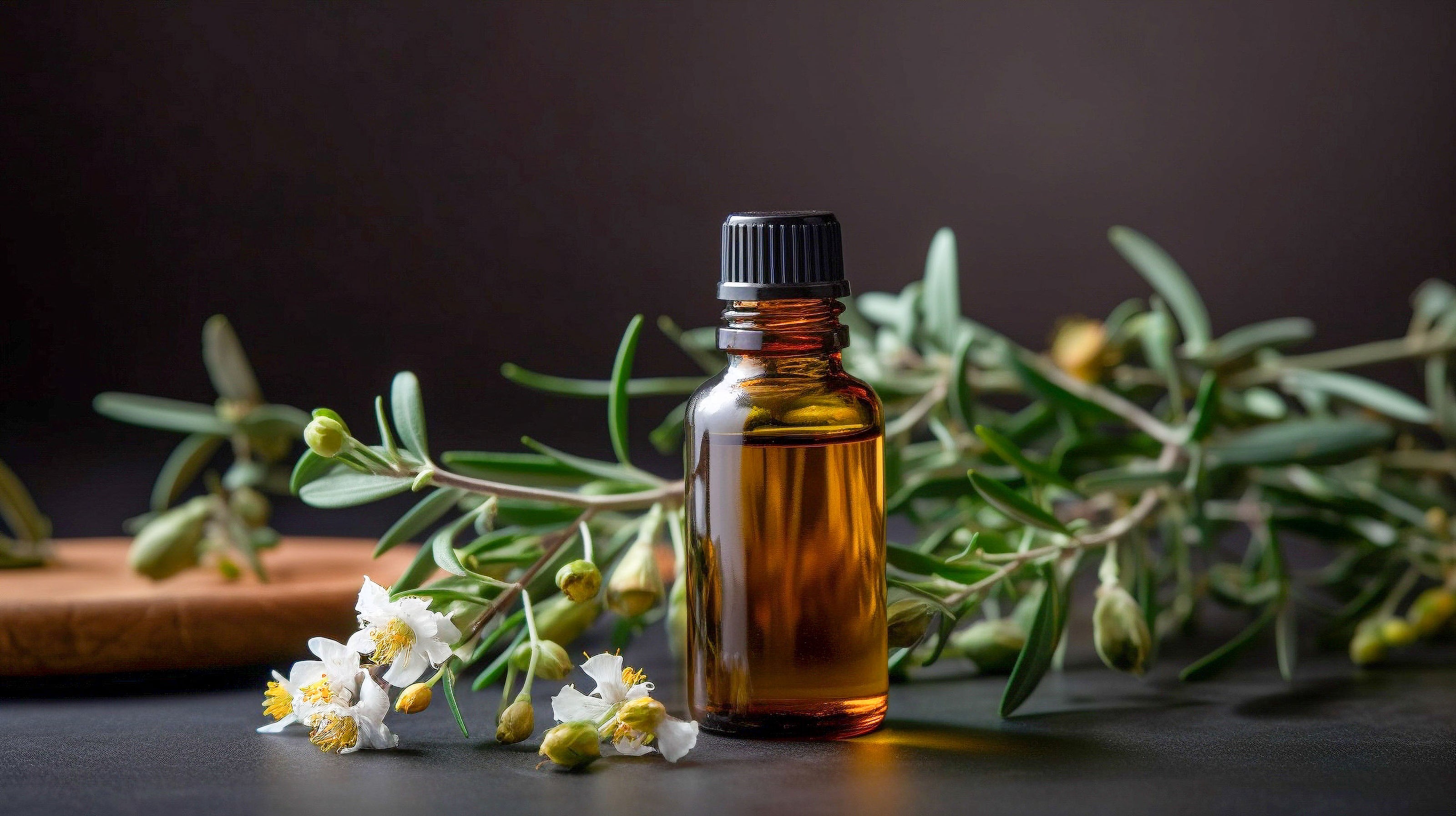a small bottle of tea tree oil in front of a branch of tea tree with its flower. Tea Tree oil is powerful against odors and mold or mildew. 