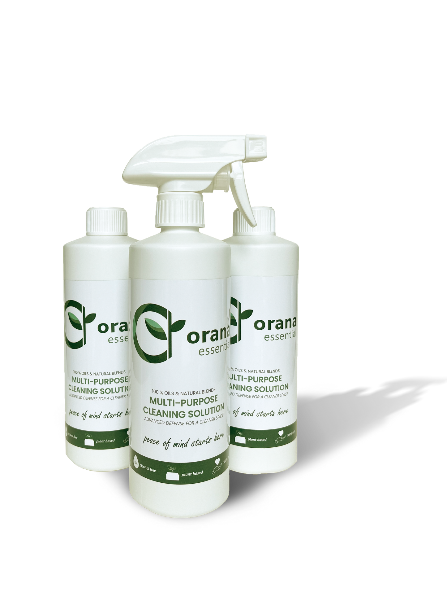 Picture of a trio of the multi-purpose cleaning solution, green product, eco friendly, chemical free. This is the front of the bottles