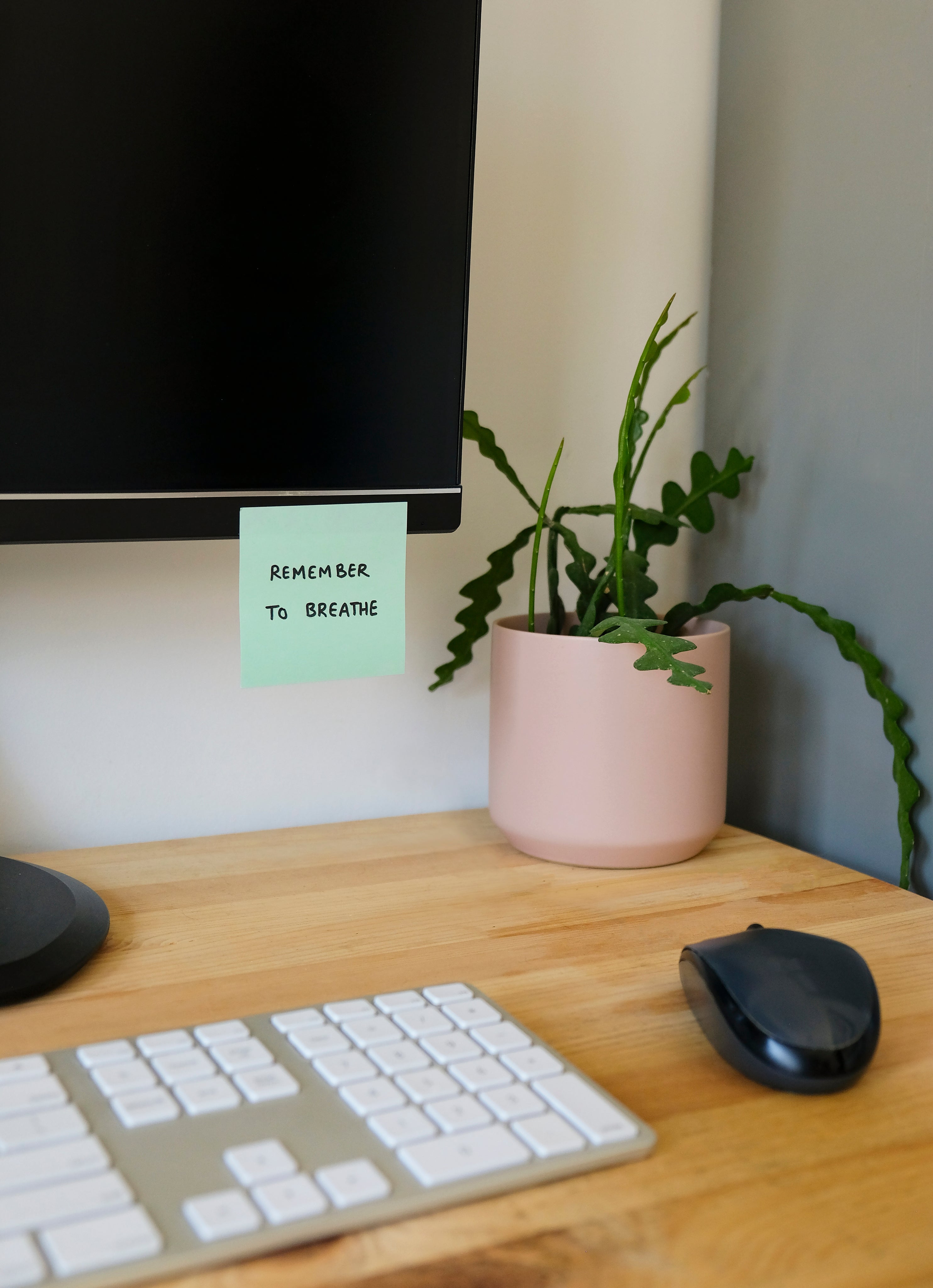A post it note on a computer screen on a desk with a plant in the background. The post it note read "remember to breathe".