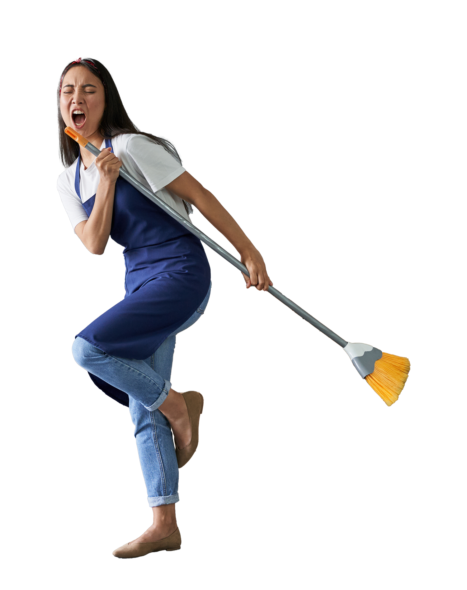 a lady with a broom cleaning home, singing, happy, refreshing her home.